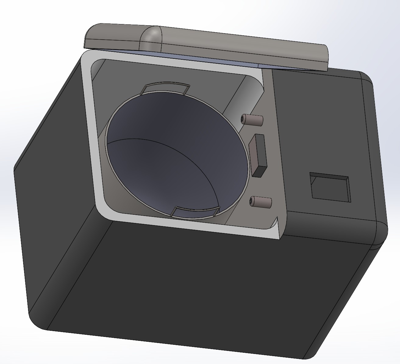 SolidWorks render of an incubation machine enclosure with a round viewing window