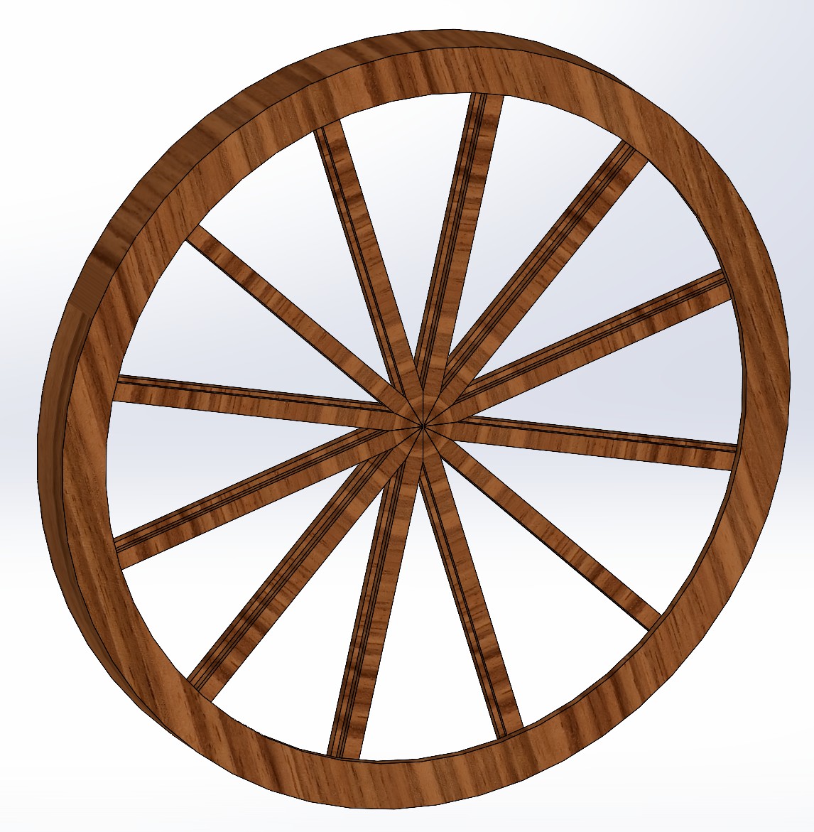 SolidWorks render of a wood spoked wheel with twelve radiating spokes