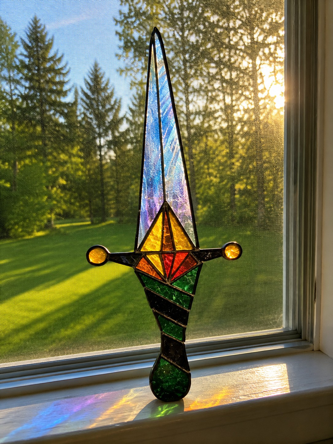 Stained glass dagger suncatcher with iridescent blade and jeweled hilt, backlit in a window