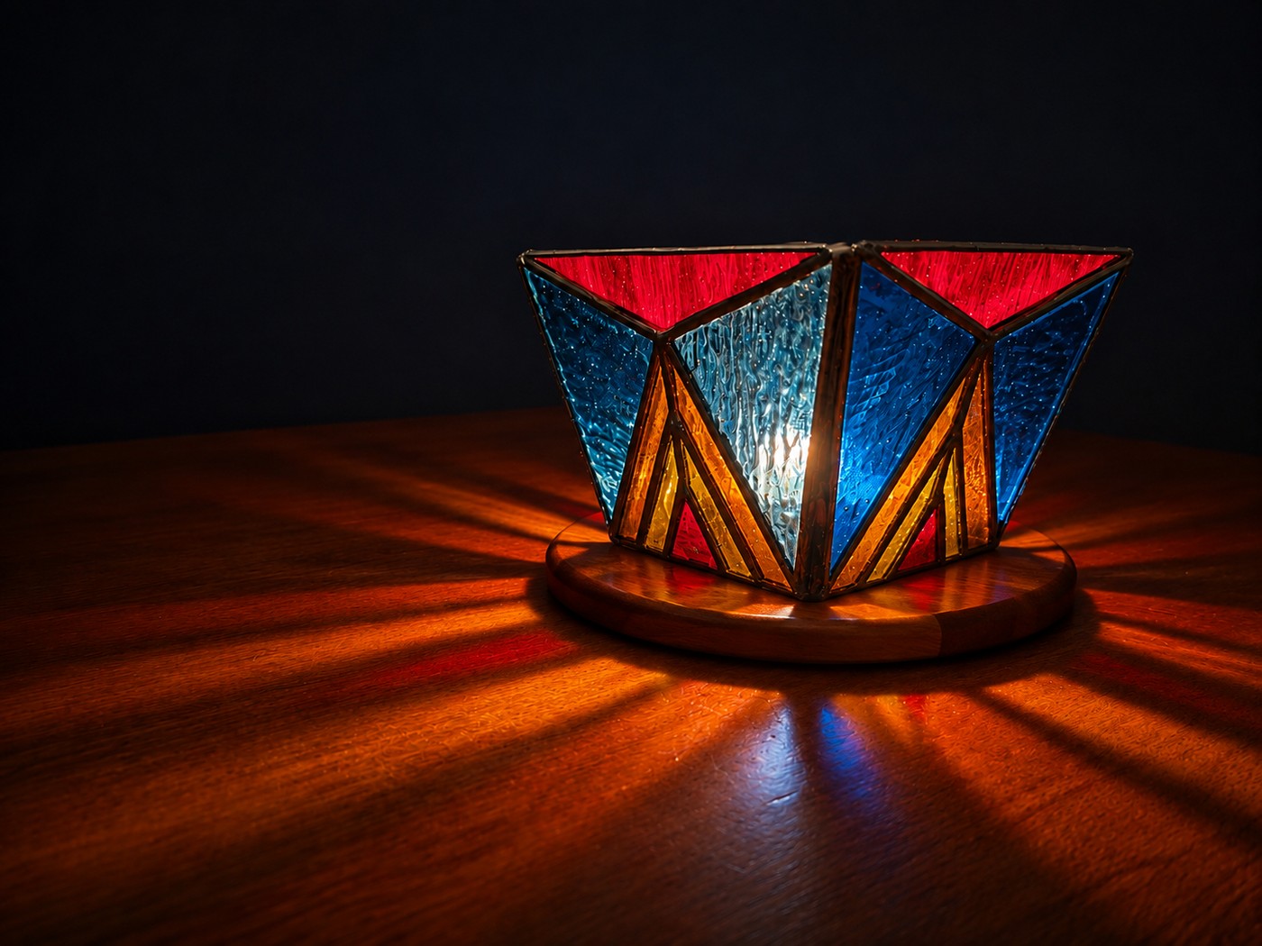 Faceted stained glass candle lantern in red, blue, and amber glass on a wood base, glowing on a table